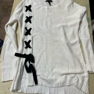 INC International Concepts White Sweater with Black Lace Detail